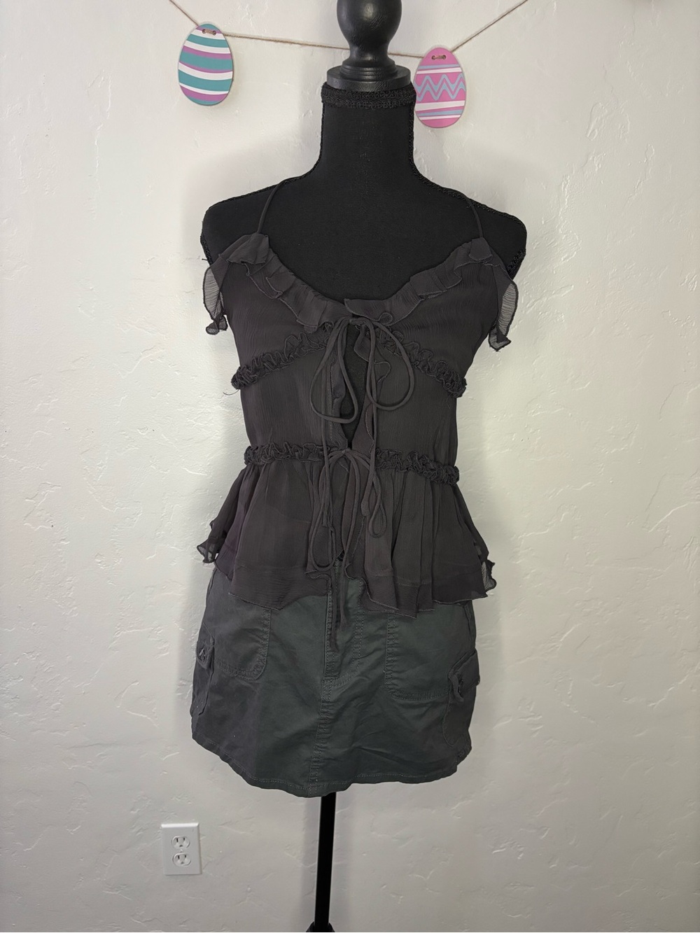 Zara Black Blouse with Sheer Ruffle Trim